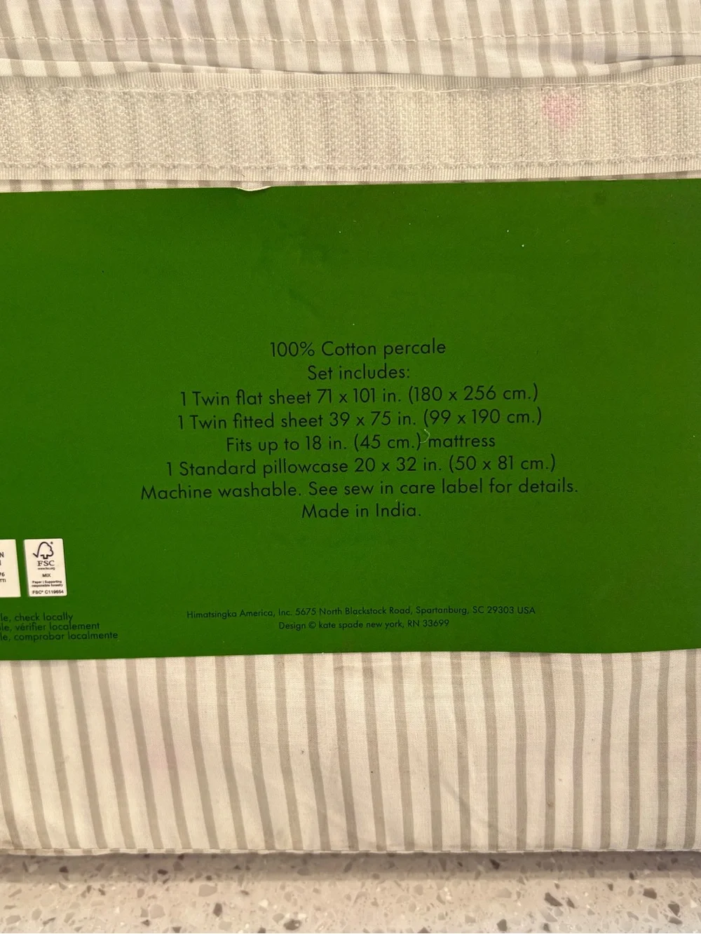NWT kate spade Cream and gray Narrow Stripe Twin Sheet Set with heart accents
